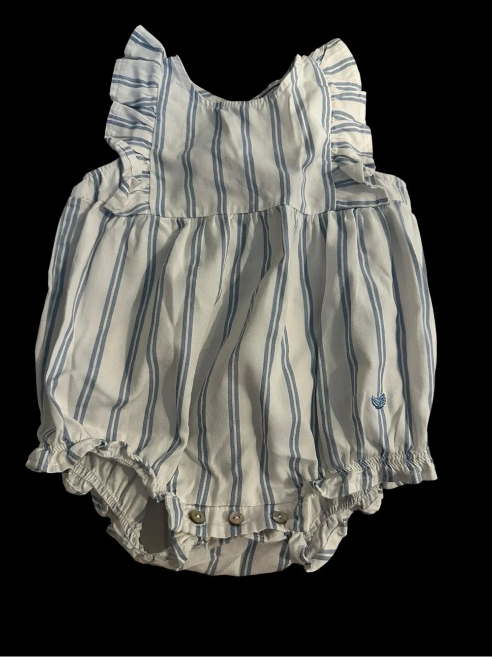 Petite Plume Baby’s Twill Ruffled Romper in Periwinkle Stripe 6-12 months